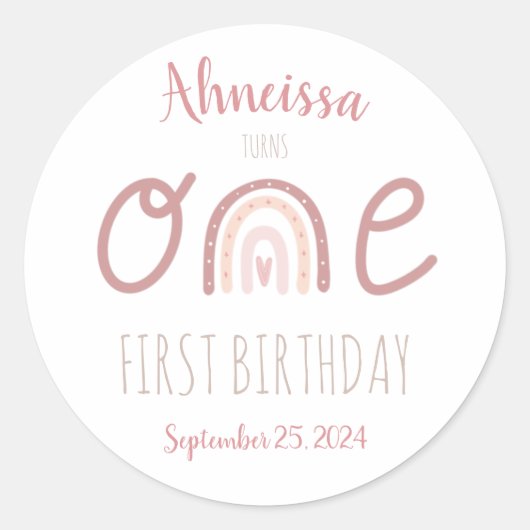 Sticker Rond Pastel Pink Rainbow Un premier anniversaire (Devant)