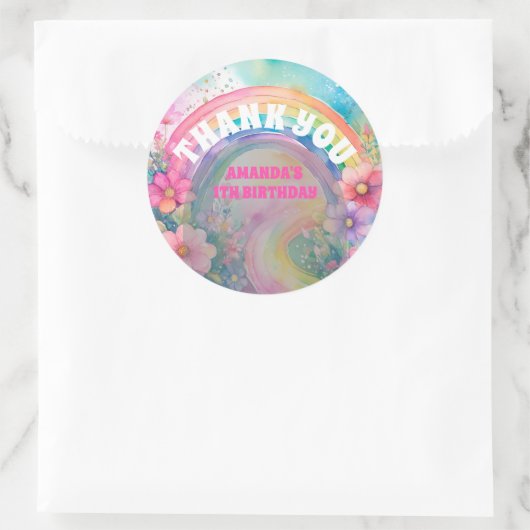 Sticker Rond Pastel Rainbow Flowers Retro Merci d'anniversaire (Sac)
