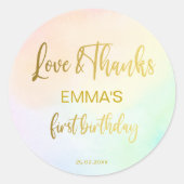 Sticker Rond Pastel rainbow ombre premier anniversaire merci (Devant)
