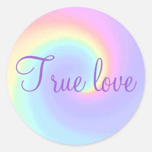 Sticker Rond Pastel Rainbow Swirl Lesbian Mariage "True Love" (Devant)