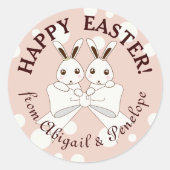 Sticker Rond Pastel Rose mignon Bunny Twin Joyeux Pâques (Devant)