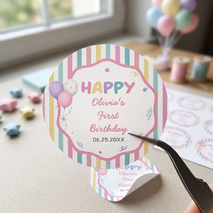 Sticker Rond Pastel Stripes Fun Girl Anniversaire