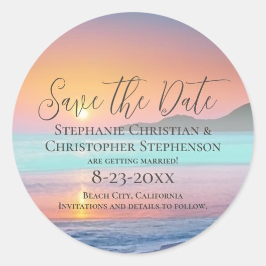 Sticker Rond Pastel Sunset Destination Beach Enregistrer la dat (Devant)