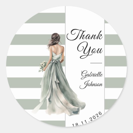 Sticker Rond Pastel Vert Sauge Rayures Mariée Shower de Mariage (Devant)