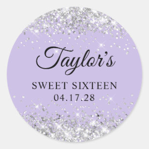 Sticker Rond Pastel Violet Paillettes Argent Sweet Sixteen