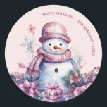 Sticker Rond Pastel Watercolor Christmas Snowman<br><div class="desc">Ajoutez une touche de magie hivernale à vos décorations de Noël avec ces stickers de bonhomme de neige pastel watercolor de Noël. Dotés d'un charmant bonhomme de neige entouré de boîtes cadeaux et de fleurs dans des tons doux lilas et roses, ces autocollants sont parfaits pour ajouter une touche festive...</div>