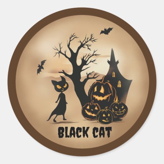 Sticker Rond "Patch Citrouille avec un chat noir" (Devant)