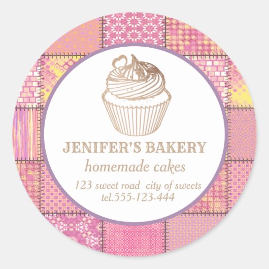 Sticker Rond Patchwork cupcakes et sucreries faits maison (Devant)