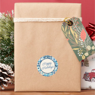 Sticker Rond Patchwork de Noël Bleu Joyeuses Fêtes