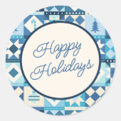 Sticker Rond Patchwork de Noël Bleu Joyeuses Fêtes (Devant)