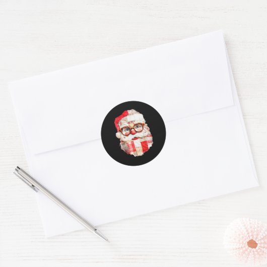 Sticker Rond Patchwork Santa Claus Face Preppy Girly Christmas (Enveloppe)