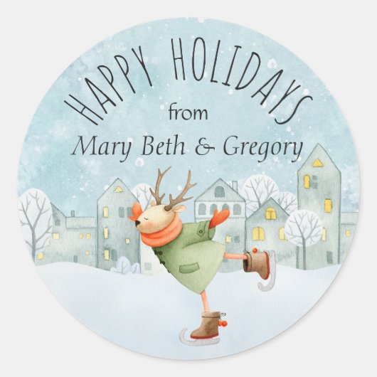 Sticker Rond Patinage sur glace Cerfs Joyeuses Vacances (Devant)