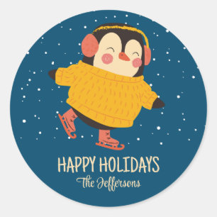 Sticker Rond Patinage sur glace Penguin Noël Snowy Vacances d'h