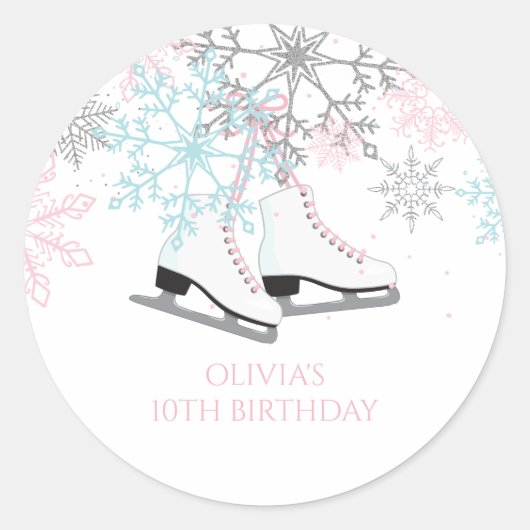 Sticker Rond Patinage sur glace Snowflakes Rose bleu argent par (Devant)