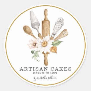 Sticker Rond Pâtisserie Chef Aquarelle Cuisine Ustensiles