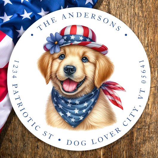 Sticker Rond Patriotic Chien 4 juillet Retourner Adresse