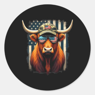 Sticker Rond Patriotique 4 juillet Highland Cow