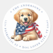 Sticker Rond Patriotique Chiot 4 juillet Chien Adresse de retou (Devant)