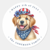 Sticker Rond Patriotique Chiot Rouge Blanc Bleu Golden Retrieve (Devant)