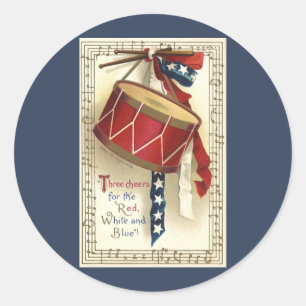 Sticker Rond Patriotique Vintage, Tambours avec Notes de Musiqu