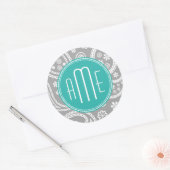 Sticker Rond Patterns bleus et monogram bleu (Enveloppe)