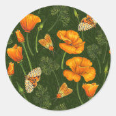Sticker Rond Pavot de Californie et papillons de nuit sur vert  (Devant)