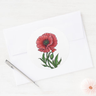 Sticker Rond Pavot rouge, aquarelle et encre