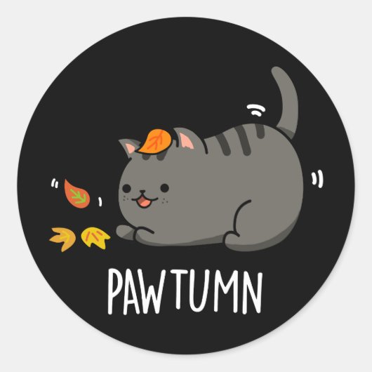 Sticker Rond Pawtume mignonne Automne Kitty Cat Pun Dark BG (Devant)
