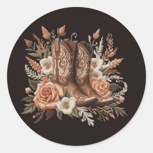 Sticker Rond Pays élégant moderne Ouest- Fleurs et Bottes