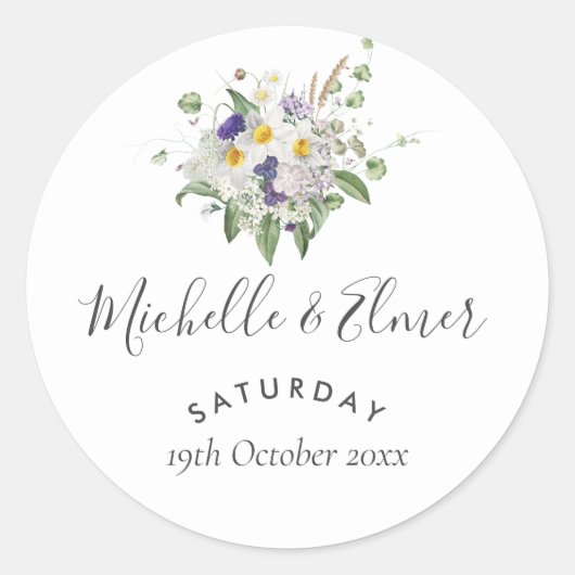 Sticker Rond Pays Fleur sauvage Verdure Posy Mariage Faveur (Devant)