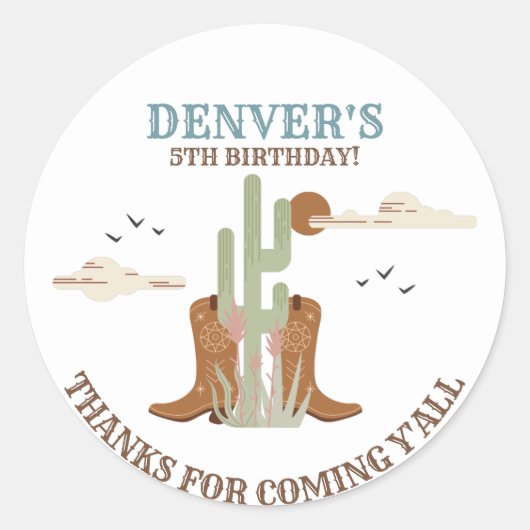 Sticker Rond Pays Occidental Cowboy Anniversaire Merci Favorise (Devant)