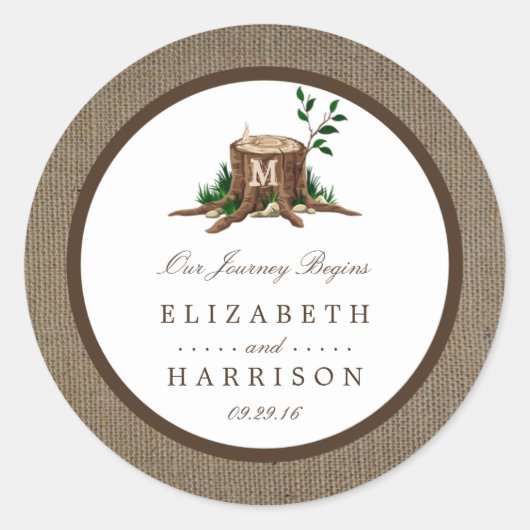 Sticker Rond Pays Russe Monogramme Arbre et Mariage de Burlap (Devant)