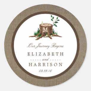 Sticker Rond Pays Russe Monogramme Arbre et Mariage de Burlap