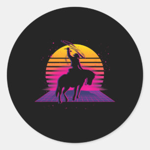 Sticker Rond Pays Vaporwave Western Horseback équitation Rétro