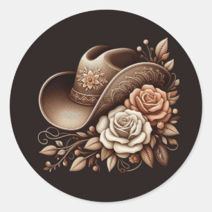Sticker Rond Pays Western Cowgirl Casquette avec fleurs