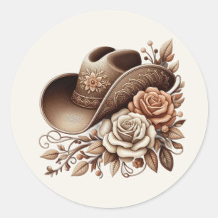 Sticker Rond Pays Western Cowgirl Casquette avec fleurs