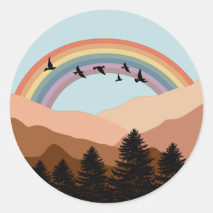 Sticker Rond Paysage Abstrait Arbres forestiers Arc-en-ciel et