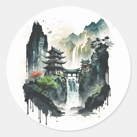 Sticker Rond Paysage antique de l'encre chinoise avec cascade (Devant)