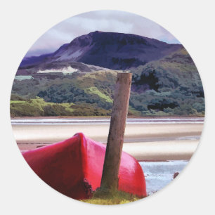 STICKER ROND PAYSAGE DE BATEAU ET DE MONTAGNE