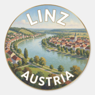 Sticker Rond Paysage de la rivière Danube à Linz en Autriche