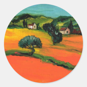 STICKER ROND PAYSAGE DE LA TOSCANE AVEC DES TOURNESOLS