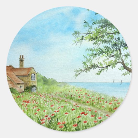 Sticker Rond Paysage de terrain de pavot peinture aquarelle (Devant)