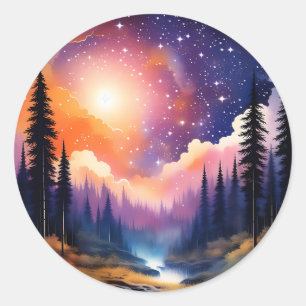 Sticker Rond Paysage des arbres Ciel étoilé