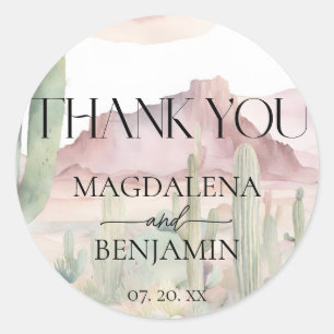 Sticker Rond Paysage Désertique Élégant Boho Cactus Mariage