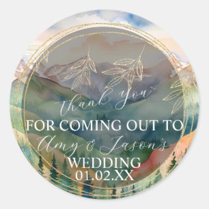 Sticker Rond Paysage en Aquarelle Montagne Destination Mariage
