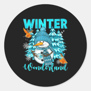 Sticker Rond Paysage hivernal bonhomme de neige et flocons de n