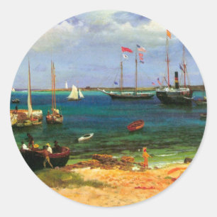 Sticker Rond Paysage marin vintage, port de Nassau par Bierstad