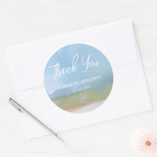 Sticker Rond Paysage peint ciel bleu Merci Mariage (Enveloppe)