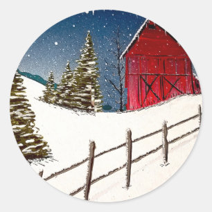 Sticker Rond Paysage Red Barn Snowy