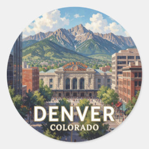 Sticker Rond Paysage urbain de Denver Colorado Rocky Mountain